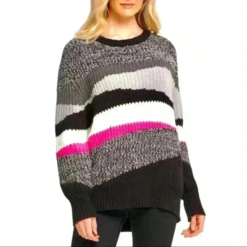 DKNY Womens‎ “80’s” Retro Color Block Chunky Grandpa Crew Neck Cotton Sweater